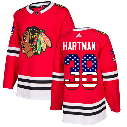 Adidas Blackhawks #38 Ryan Hartman Red Home Authentic USA Flag Stitched NHL Jersey